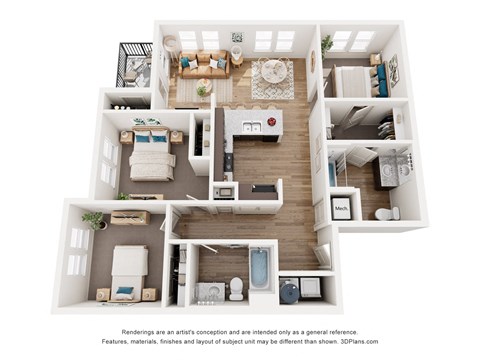 A 3D floor plan of a house with a kitchen, living room, and bathroom.